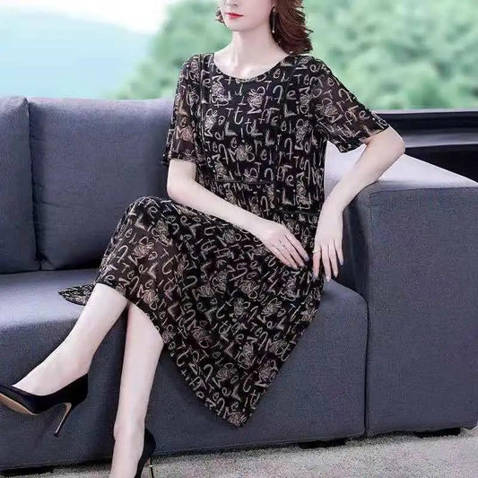 Plus Size Women's Clothes Covering Belly To Show Thin Mesh Print Mid Length Dress Round Neck Short Sleeve Casual Loose Dress