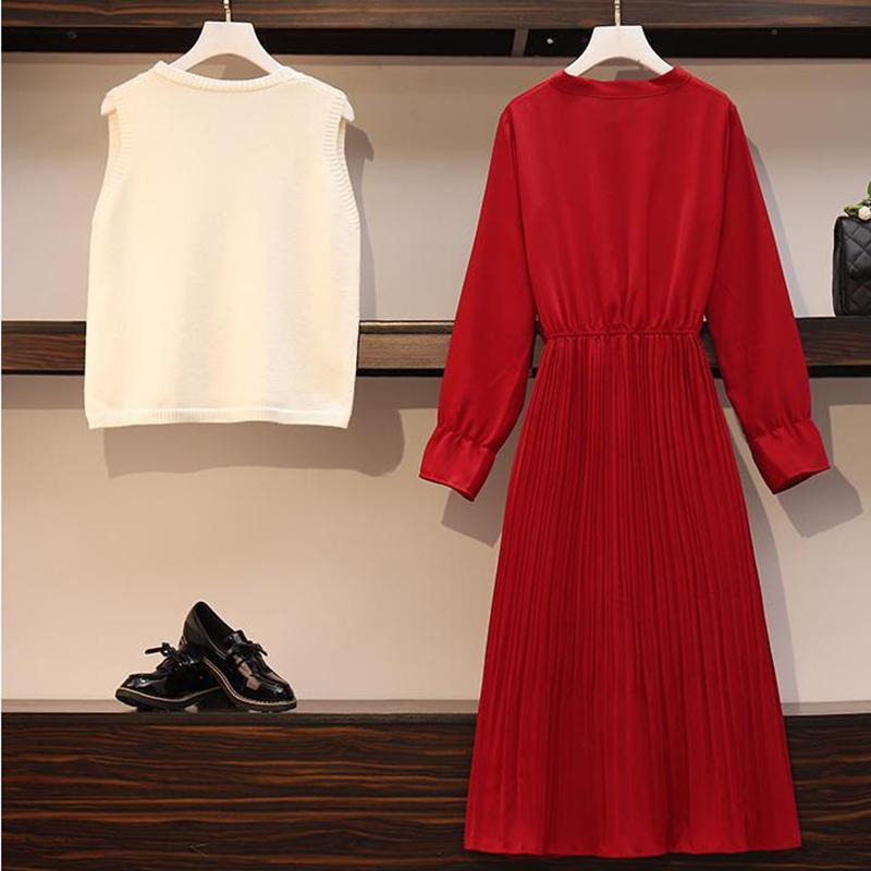 2 Pieces Ladies Dress Suit Spring and Autumn Long Sleeve Mid-length Casual Vacation Office Home