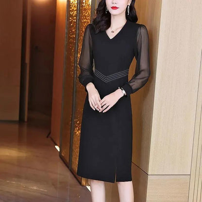 Chiffon Dress Mid Length Ladies Loose Large Size Long Sleeve V-Neck Skirt