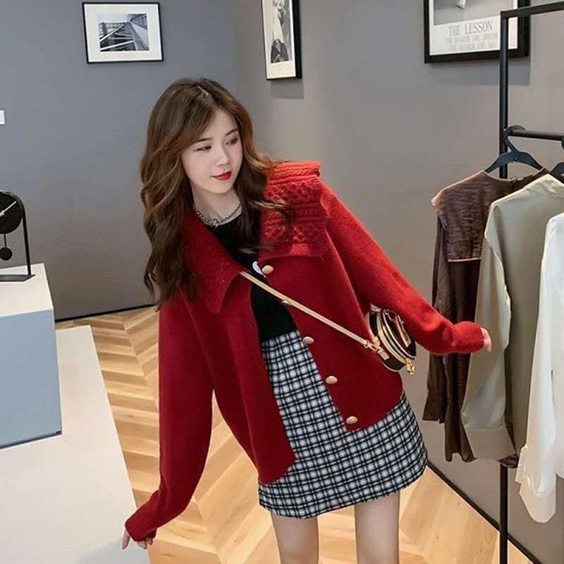 Navy Collar Sweater Coat Women Fall Winter Loose   College Style Knitted Cardigan Long Sleeve Casual Sweater
