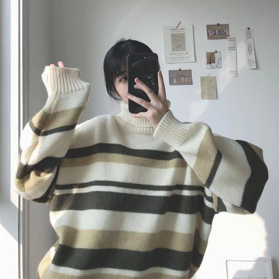 Autumn and Winter Turtleneck Striped Loose Sweater Female Hedging Was Thin Wild Sweater