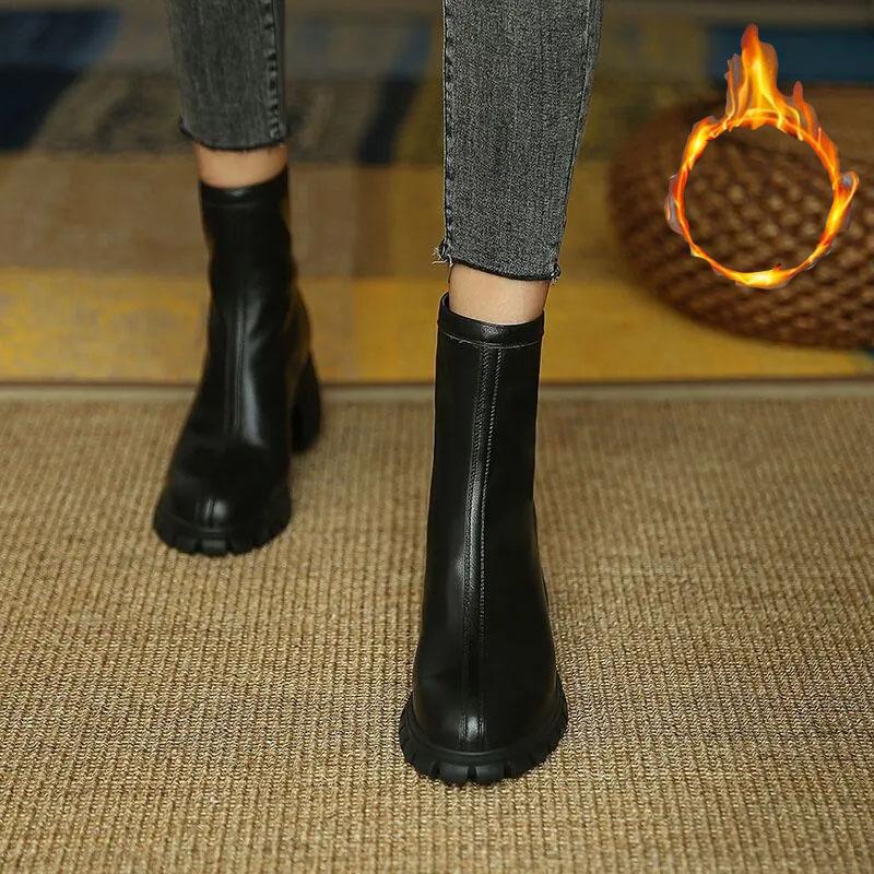 Martin Boots Woman Round Head Retro Boots Black Middle Boots Back Zipper Chelsea Boots Snow Boots Plus Velvet Warm Cotton Boots Winter Boots