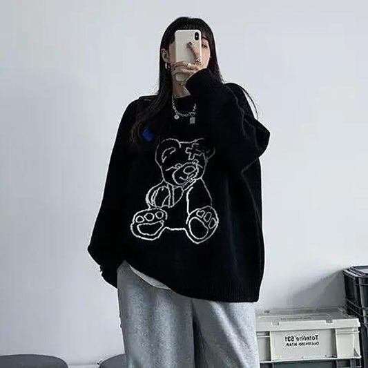 Autumn and Winter Women's Sweater Korean Loose Print Pullover Sweater Cute Round Neck Top
