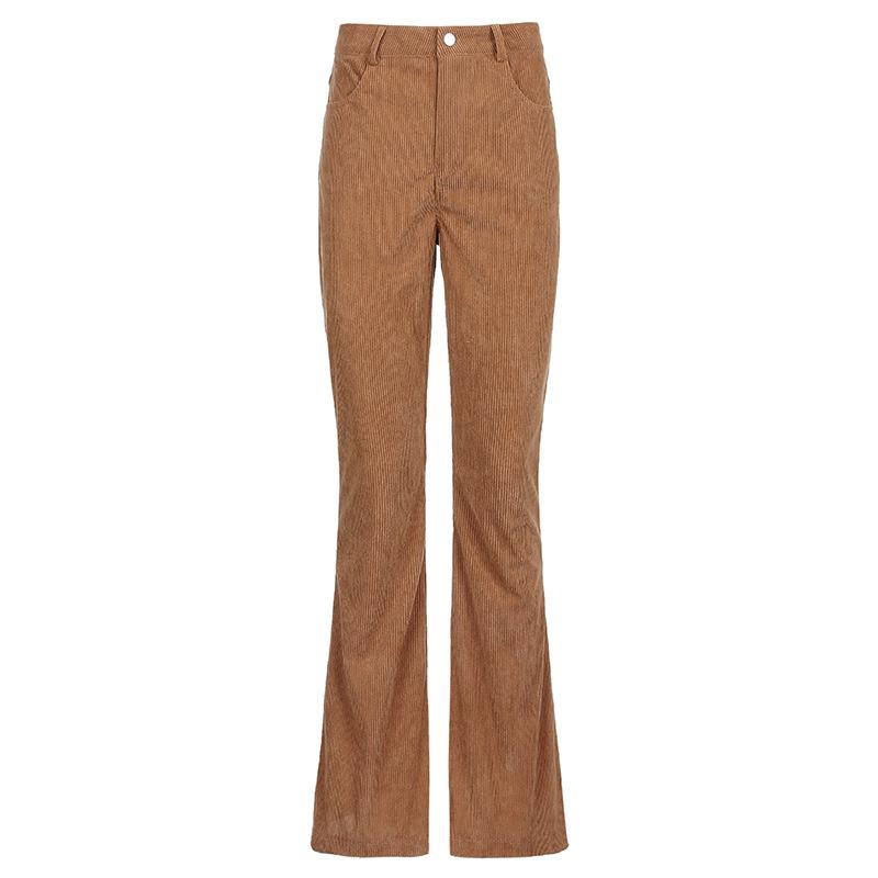 Women's Corduroy Flare Pants High Waist Pocket Solid Long Pants Casual Loose Elegant Bell Bottoms Trousers Female