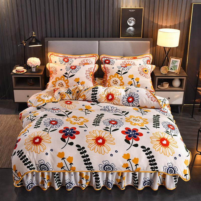 Thick Gold Mink Velvet Coral Velvet Four-piece Flannel French Velvet Bed Skirt Warm Quilt Cover Sheet
