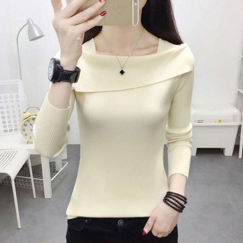 Autumn Winter Women's Boat Neck  Sweater Korean Style All-mach Striped Sweater Slim Long-sleeve Bottoming Top