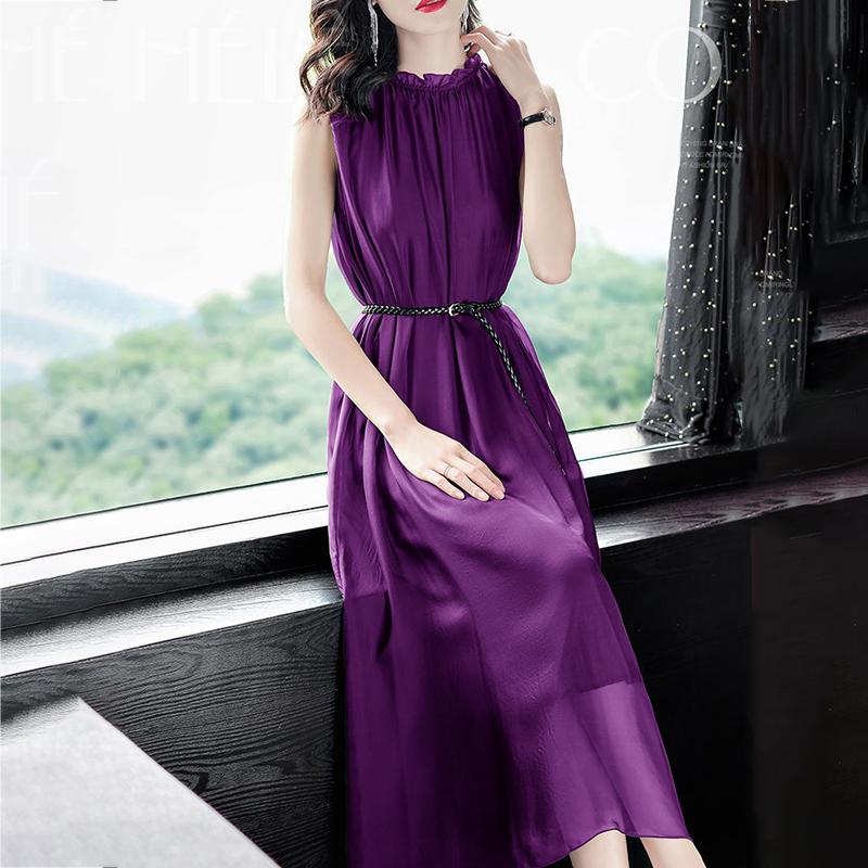 Solid Color Chiffon Vest Dress with Belt Large Size M-XXXL Women's Summer Sleeveless Round Neck Calf-length Daily Wear Office Dating Party Workplace