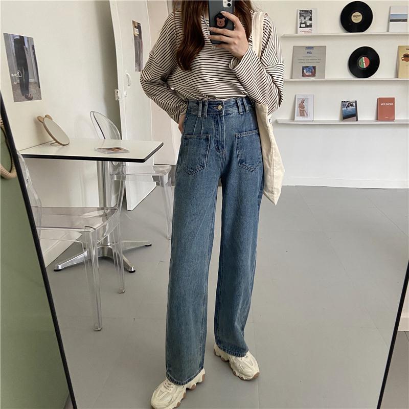 Wide Leg High Waist Hong Kong Flavor Jeans Female Korean Version Loose Spring and Autumn Retro Straight-leg Pants Trendy Thin and Wild High Trousers