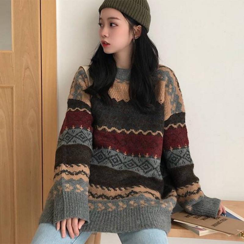 Pofulove loose college style jacquard diamond round neck sweater women's hedging wild students
