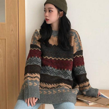 Pofulove loose college style jacquard diamond round neck sweater women's hedging wild students