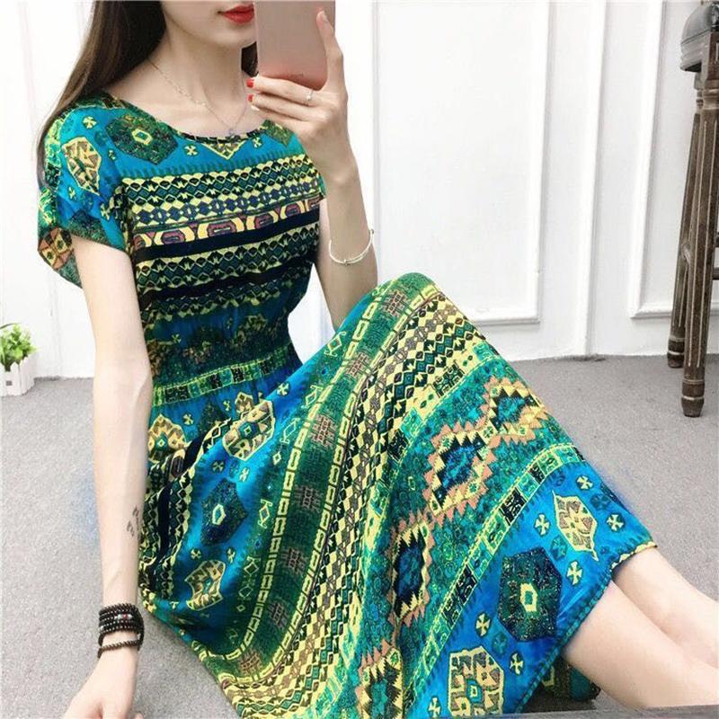 Large Size Round Neck Dress Cotton Silk Floral Dress Seaside Vacation Cotton Skirt Fairy Skirt Large Size Printed Vest Mid-length Skirt