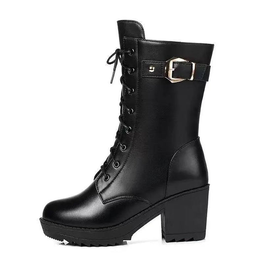 Winter Thick-soled Women's Martin Boots Chunky Heels Mid-boots Plus Velvet Warm Ankle Boots