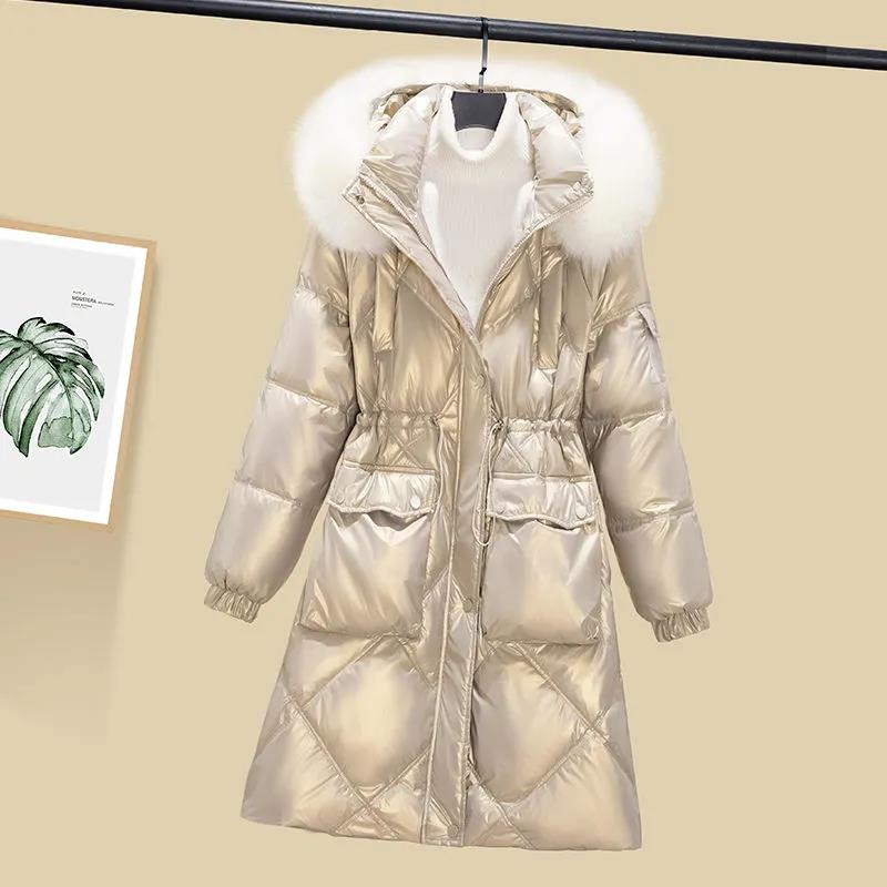 Winter White Duck Down Down Jacket Korean Style Large Fur Collar Cotton-padded Coat Thick Shiny Mid-length Hooded Down Coat