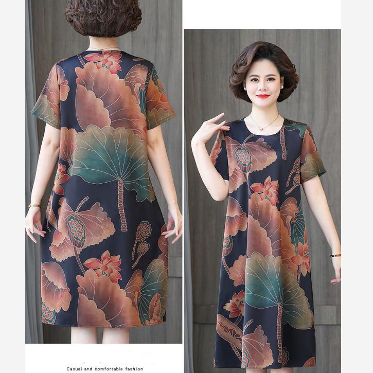 Large Short-sleeved Dress Middle-aged and Elderly Mothers Summer Mid-length Round Neck Print Loose Belly Cover
