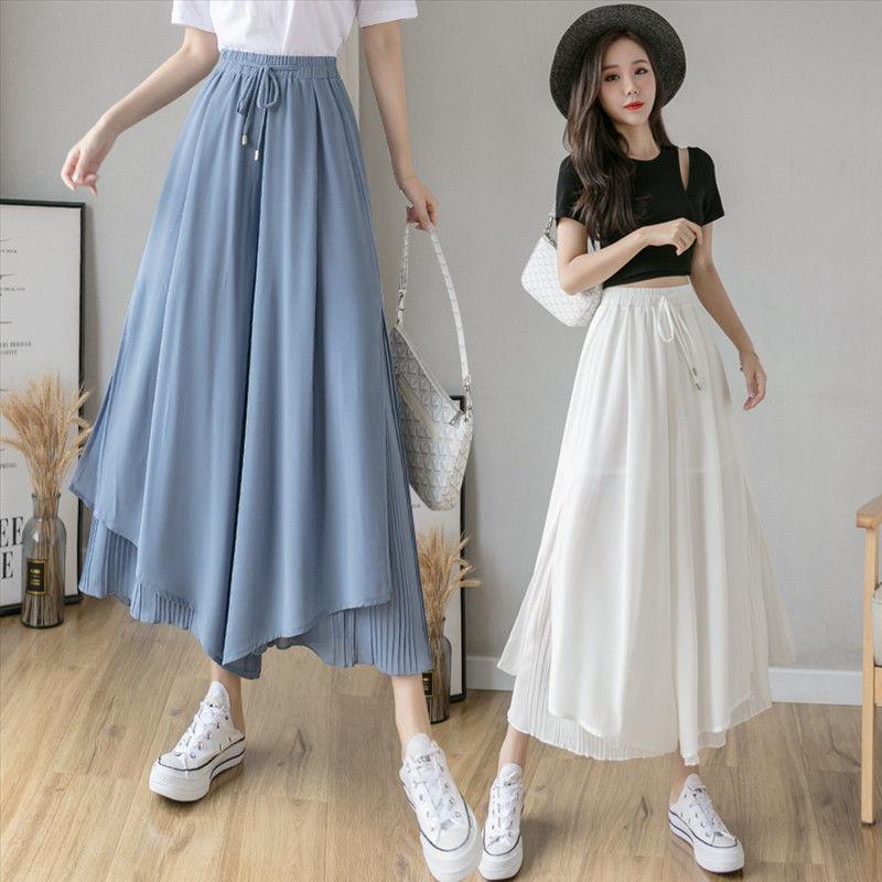 Chiffon Wide-leg Pants Female Students Korean Style Pants Women Loose  Thin Black High-waist Wide-leg Pants Nine-point Pants Women