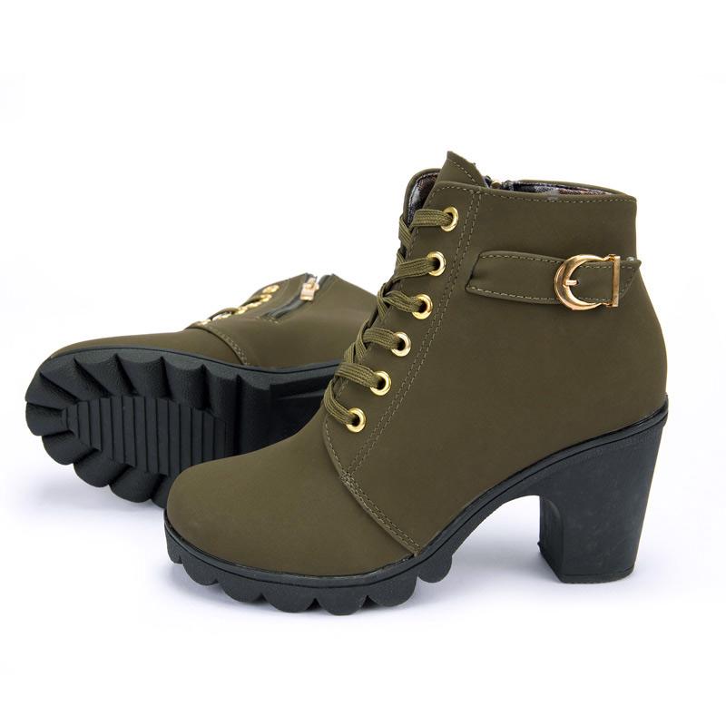 Winter Women Boots High Heels Boots PU Leather Lace-up Martin Shoes Women