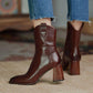 Soft Leather Boots Women Autumn  Winter Vintage Square Toe Short High-heeled Cowboy Boots Chunky Heel Ankle Boots