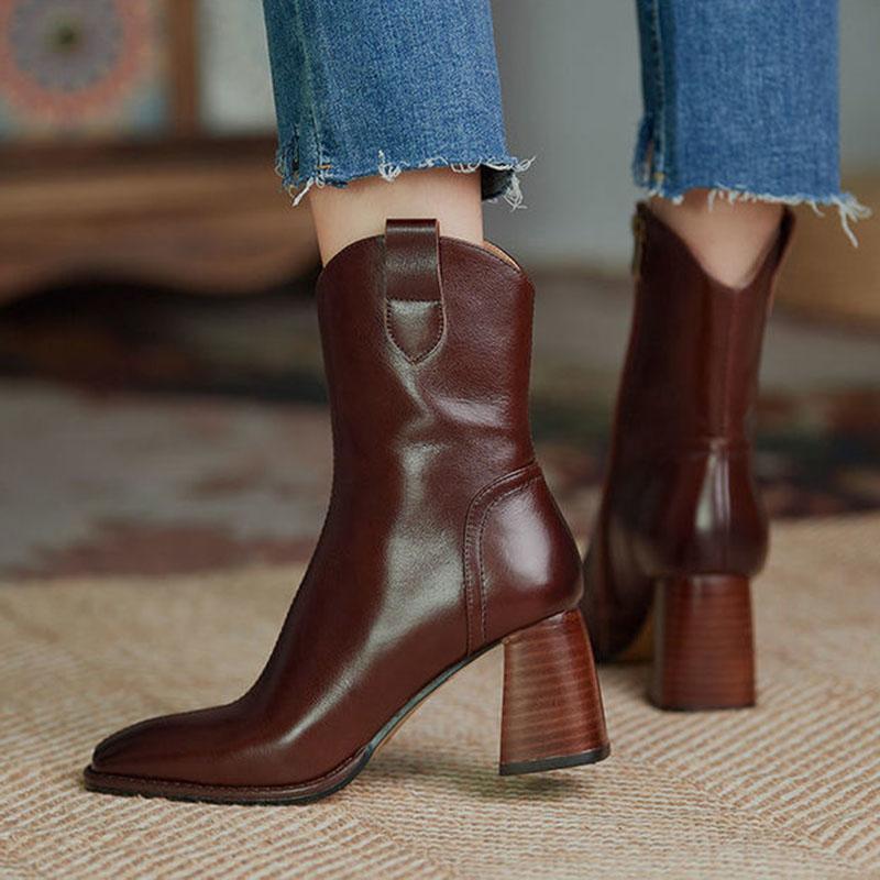 Soft Leather Boots Women Autumn  Winter Vintage Square Toe Short High-heeled Cowboy Boots Chunky Heel Ankle Boots
