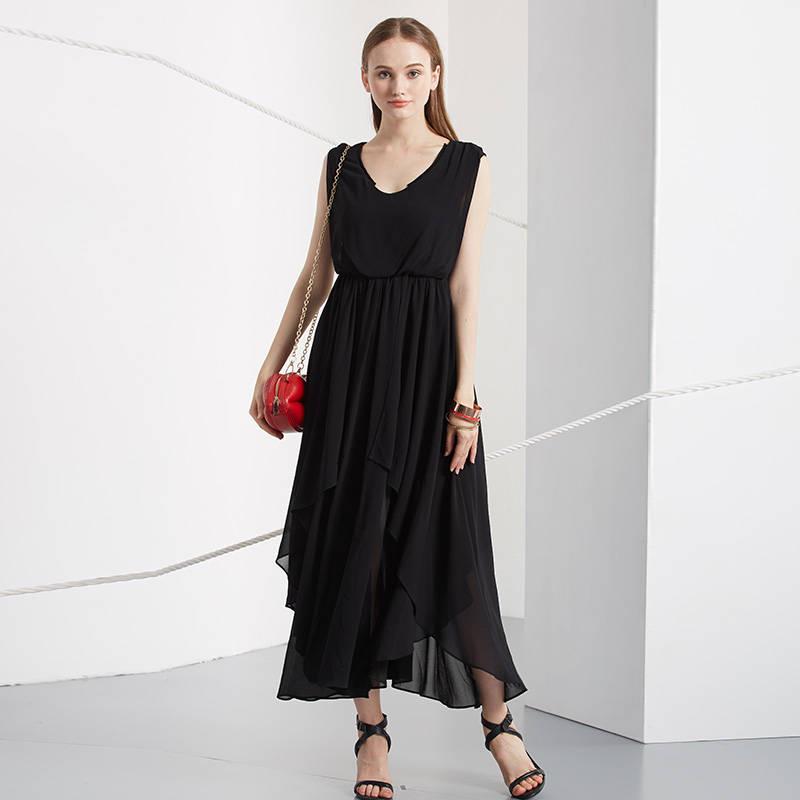 Pofulove Summer Chiffon Dress Sleeveless V-neck Irregular Pleated Ruffled Dress Long party Dress