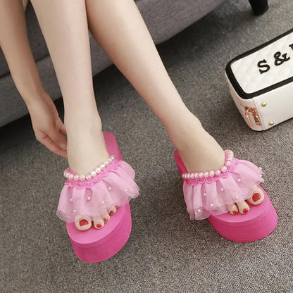 Slippers Female Summer Wear Korean Version of Pearl Flip Flops Thick Bottom Slope Heel Increase Fairy Beach Sandals
