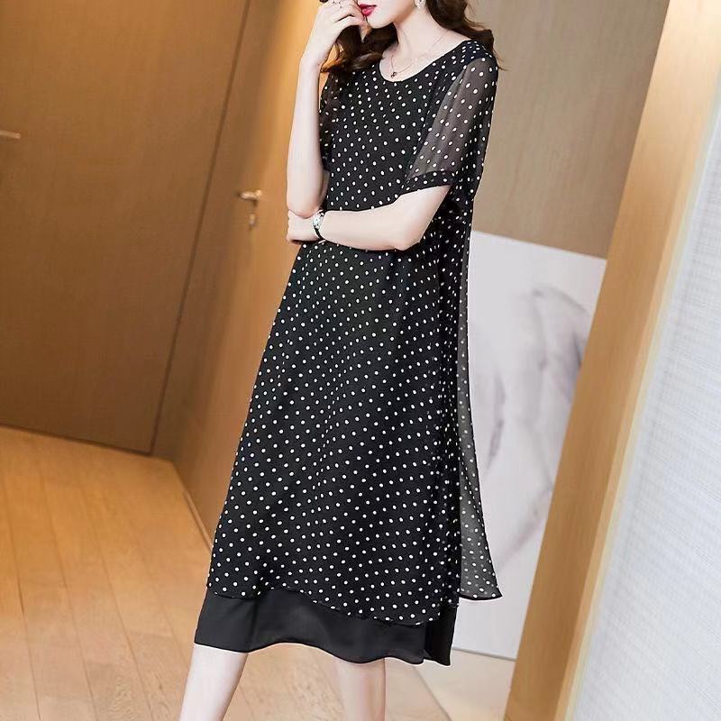 Feel Slippery Summer Black Loose Chiffon Short Sleeve Round Neck Loose Wave Point Dots Mid-length Skirt