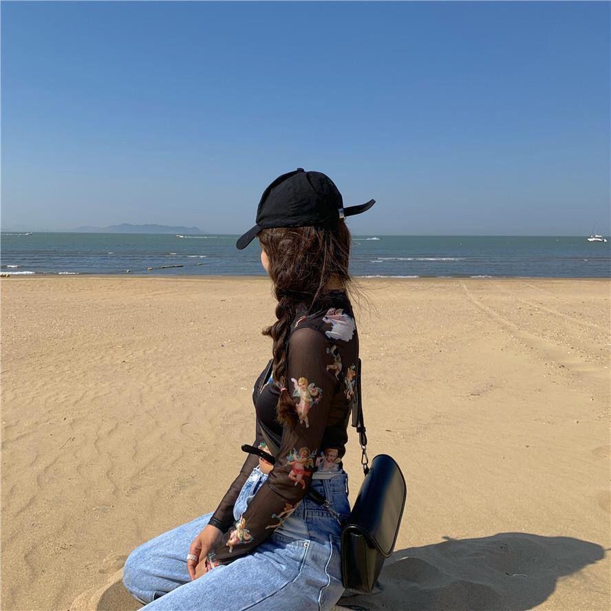 Printed Transparent Mesh Sexy T-Shirt Women O-Neck Long Sleeve Slim Basic Casual Female Tops