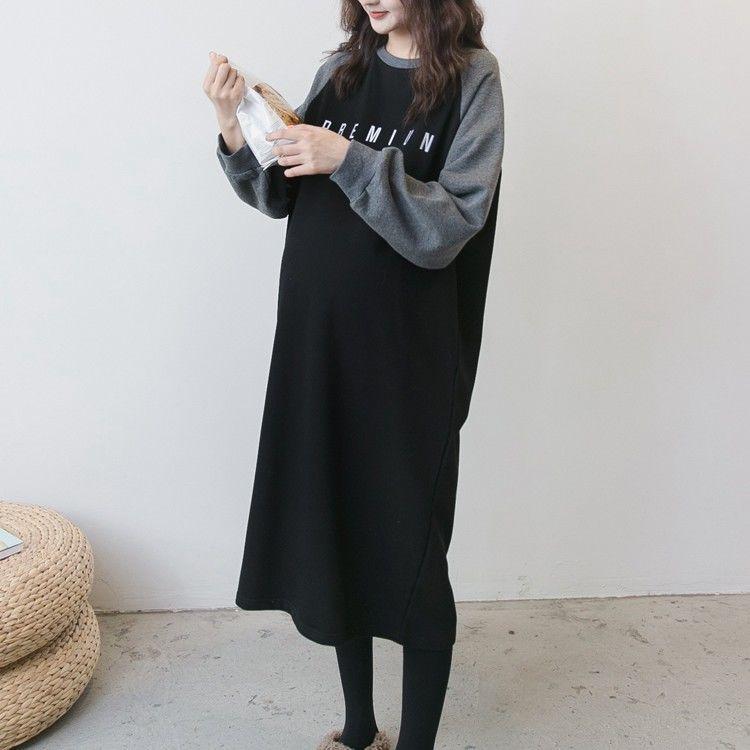 Spring and Autumn Maternity Sweatshirt Mid-length Loose Large Size Dress Long Sleeve Splicing Color Top