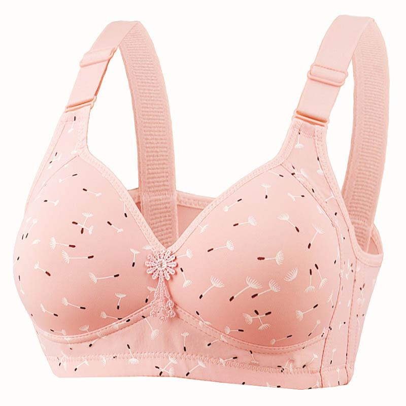 Large Size No Steel Ring Large Cup Thin Cup Full Cup Simple Style Printed Back Three-Row Buckle Adjustable Side Closure Anti-Sagging Bra