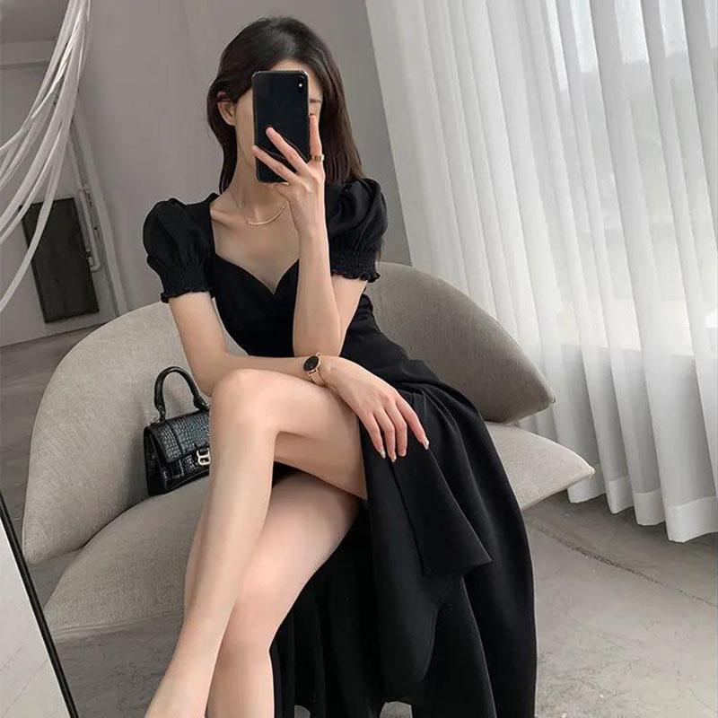 Women's Summer Solid Color Skirt Puff Sleeve Dress Square Collar Midi Skirt