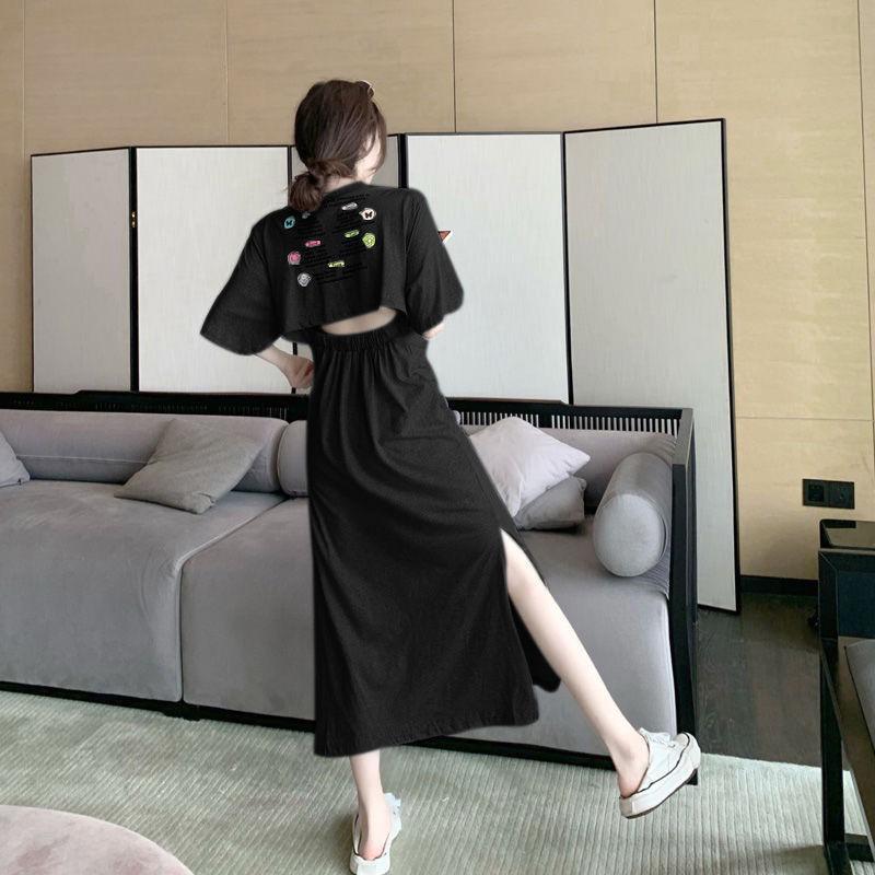 Sexy M-XXXL Women's Dress Backless Split Fork Solid Color Elastic Waist Mid-calf Daily Wear Office Dating Party