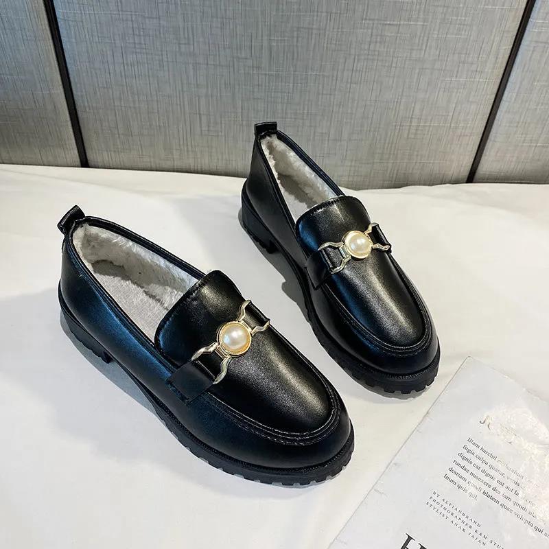 British Style Small Leather Shoes Winter All-match Flat-bottomed Plus Velvet Round-toe Cotton Shoes