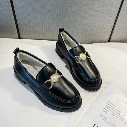 British Style Small Leather Shoes Winter All-match Flat-bottomed Plus Velvet Round-toe Cotton Shoes