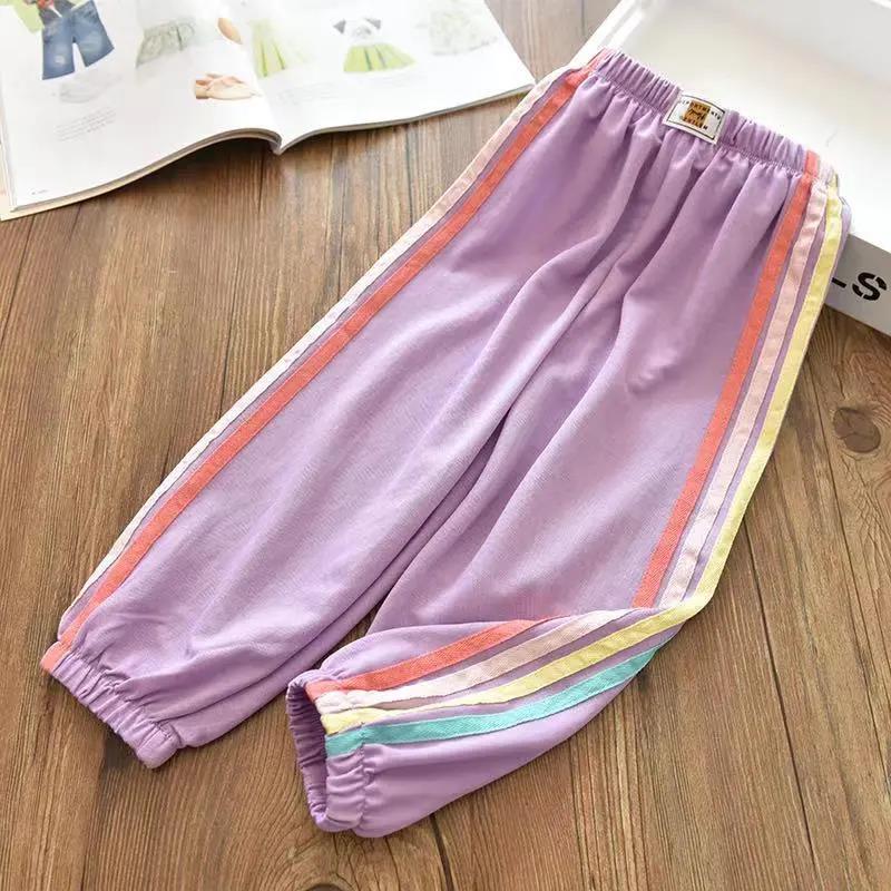 Girls' Ice Silk Cotton Rainbow Striped Casual Mosquito Pants Big Children's Baby Thin Sports Trousers Summer