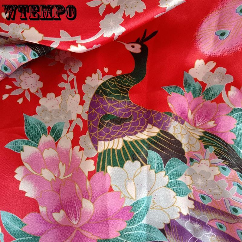 Women Sexy Silk Satin Knee Length Robe Bathrobe Peacock Floral Print Kimono Pajamas Cardigan