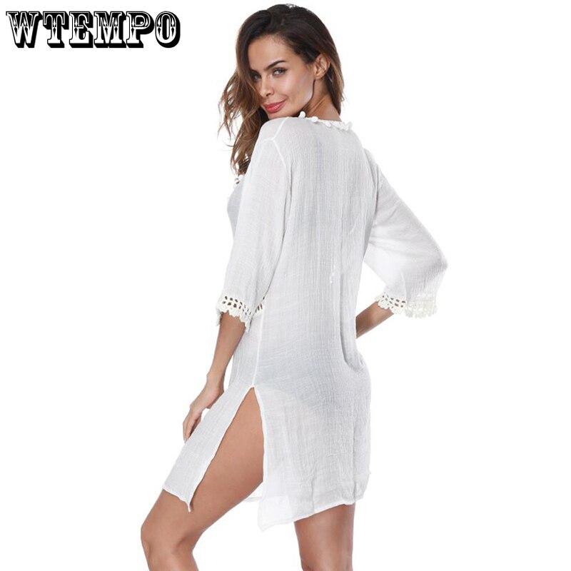 Hollow Out Beach Dresses Women Summer White V Neck Slit Lace Sexy Mini Dress Chiffon Loose Pullover
