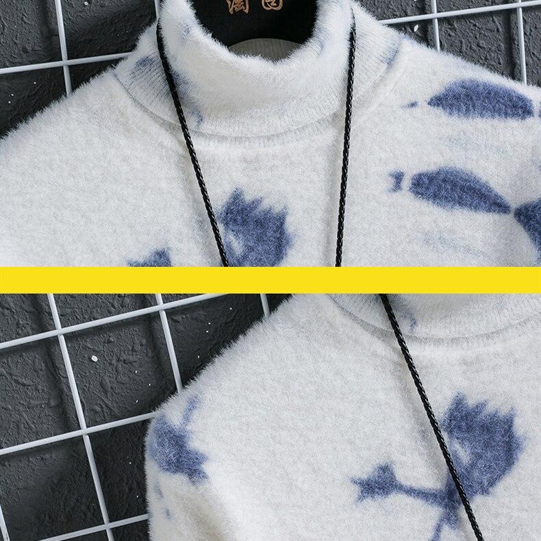 Sweater Winter Men's Knitted Pullover Casual Hip Hop Print Warm Turtleneck Imitation Mink Sweaters Man Tops