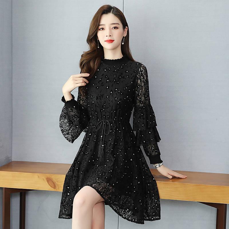 Stand-up Collar Black Tuxedo Dress Female Loose Was Thin Thin Long Skirt