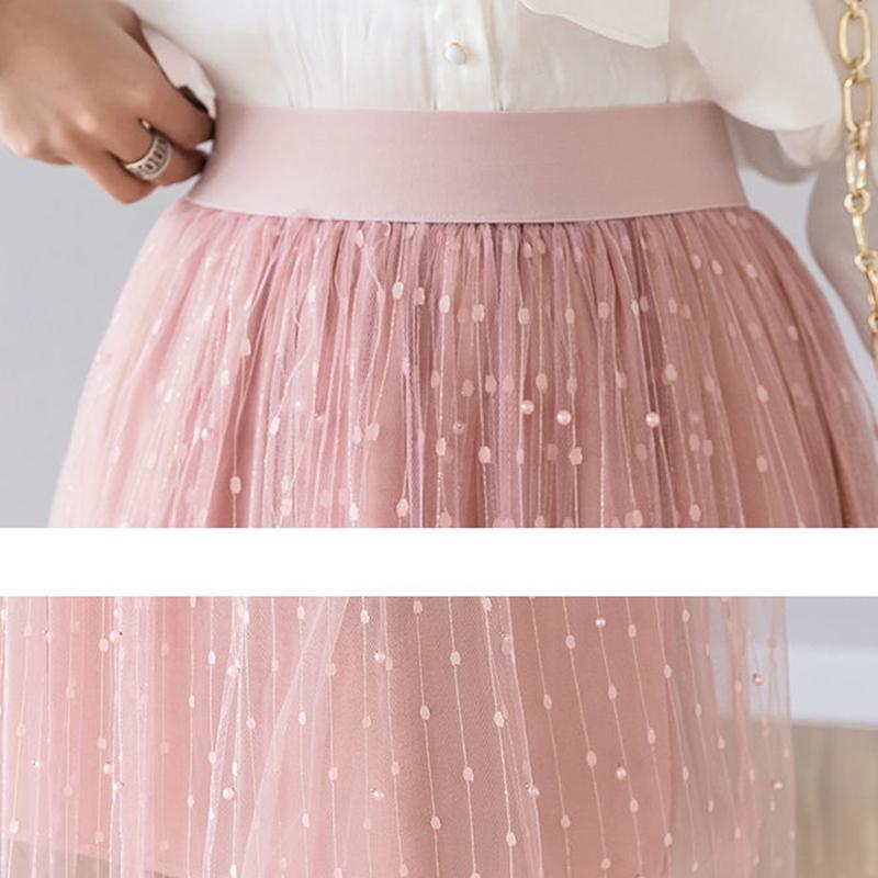 Four Seasons Can Wear Half-length Skirt Female Heavy Industry Beaded Bright Silk Gauze Sweet Fairy Long Skirt Three-layer Fabric A-line Skirt