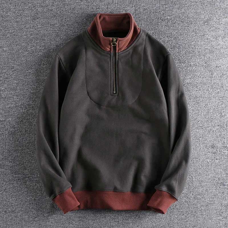 Men's Solid Color Half-Zip Stand Collar Large Size Casual All-match Sweater Loose Long Sleeve Pullover Top
