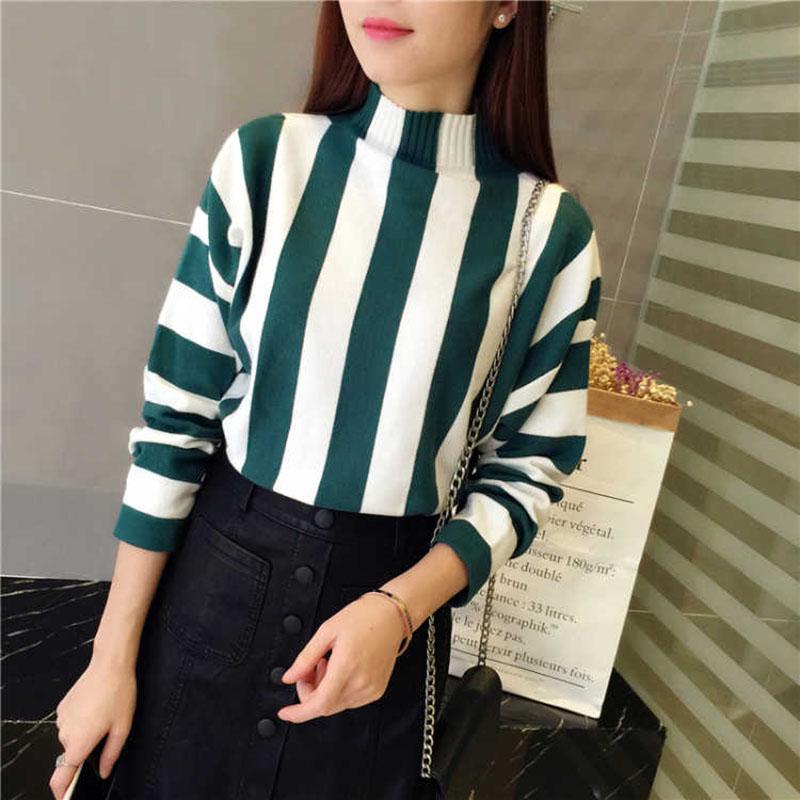 Rainbow Stripe Sweater Contrast Knitted Pullover Long Sleeve Turtleneck Knitwear Slim Women Jumper