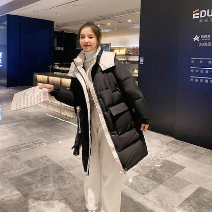 Winter Women's Down Padded Jacket Korean Style Stand-up Collar Hooded Padded Jacket Thickened Warm Mid-length Padded Jacket