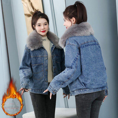 Big Fur Collar Short Padded Jacket Women Plus Velvet Thick Denim Jacket Loose Warm and Comfortable Cotton Coat