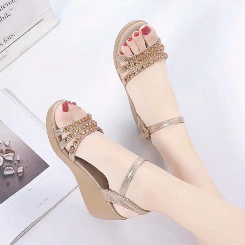 Wedge Heel Sandals Female Fairy Wind All-match Rhinestone Thick-soled Sponge Cake Medium-heeled Non-slip Flat Shoes Women