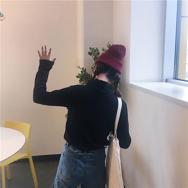 Pofulove Student Slim Wild Clothes Winter Plus Velvet Long Sleeve Half Turtleneck Bottoming Shirt