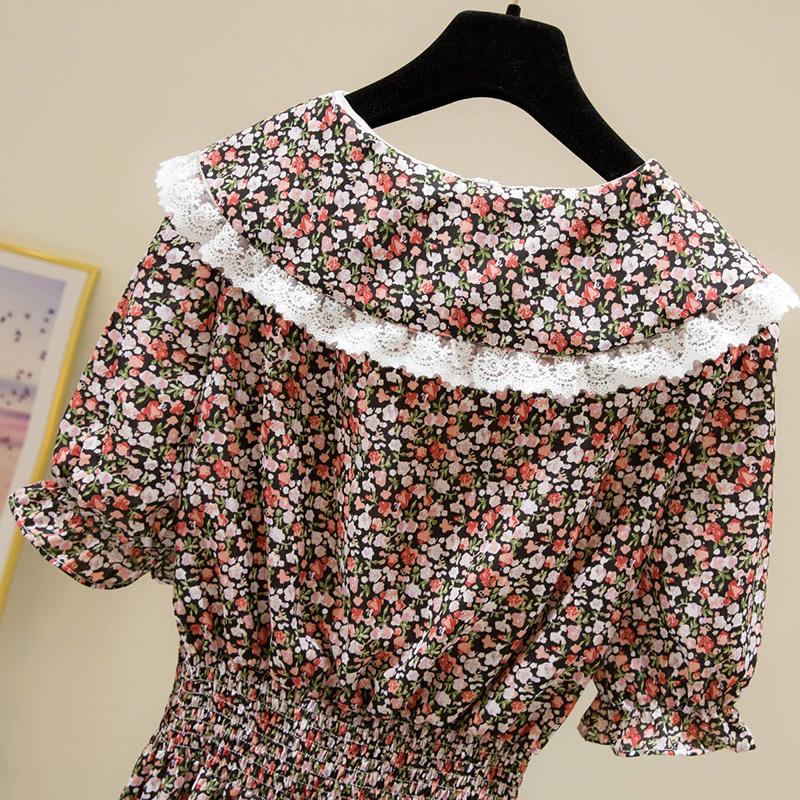 Women's Summer Dress with Waist and Thin French Retro Style Elegant and Sweet Chiffon Floral Mid-length Skirt Fabric Light and Breathable