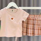 2PCS Children Clothing Set Spring Summer Girls Suits Embroidery Short Sleeve Bright Silk Tops + Pleated Plaid Dress Clothing Set
