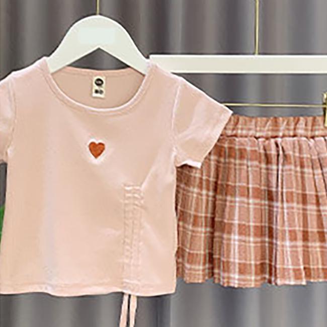 2PCS Children Clothing Set Spring Summer Girls Suits Embroidery Short Sleeve Bright Silk Tops + Pleated Plaid Dress Clothing Set