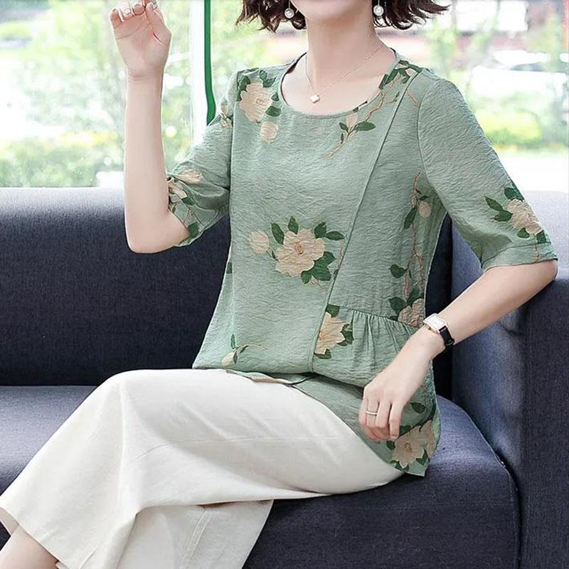Women's Summer Cotton Linen Round Neck All-match Short Sleeve Floral Top