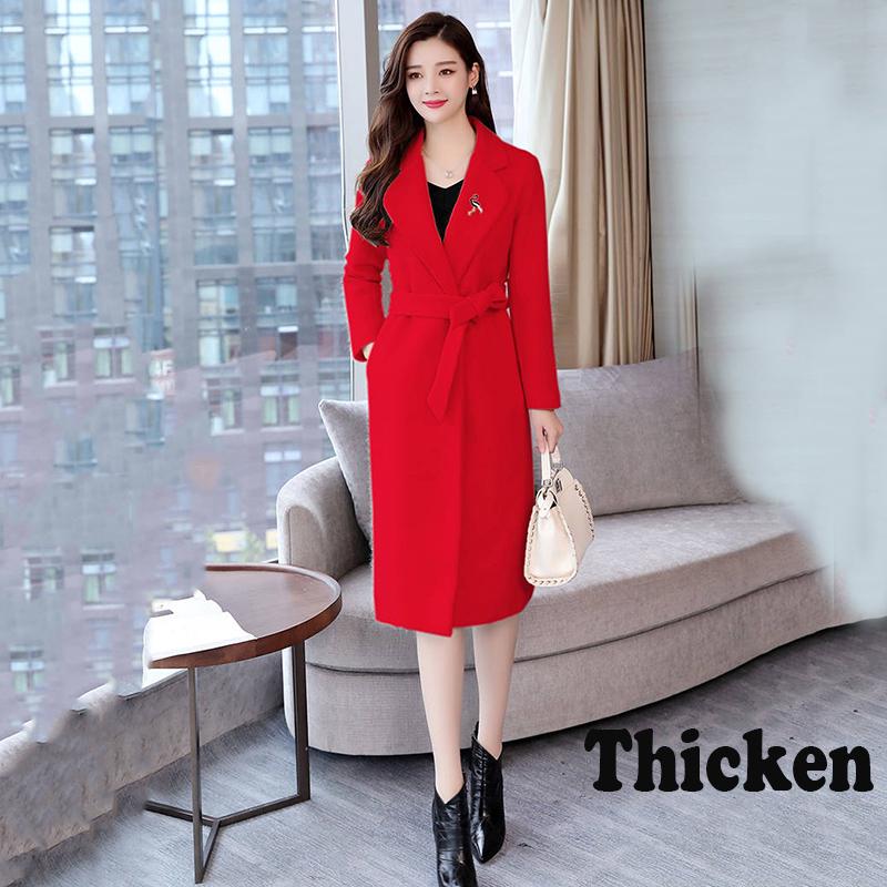 Wool Blend Winter Coat Women Long Sleeve Elegant Belt Female Outwear Coat Autumn Streetwear Coat