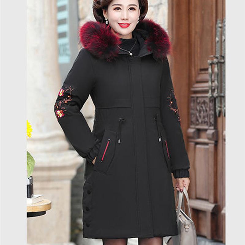 Women's Solid Color  Down Jacket Mid-length Korean Style Loose Thick Coat Warm Cotton Coat Large Fur Collar Winter Quilted Jacket